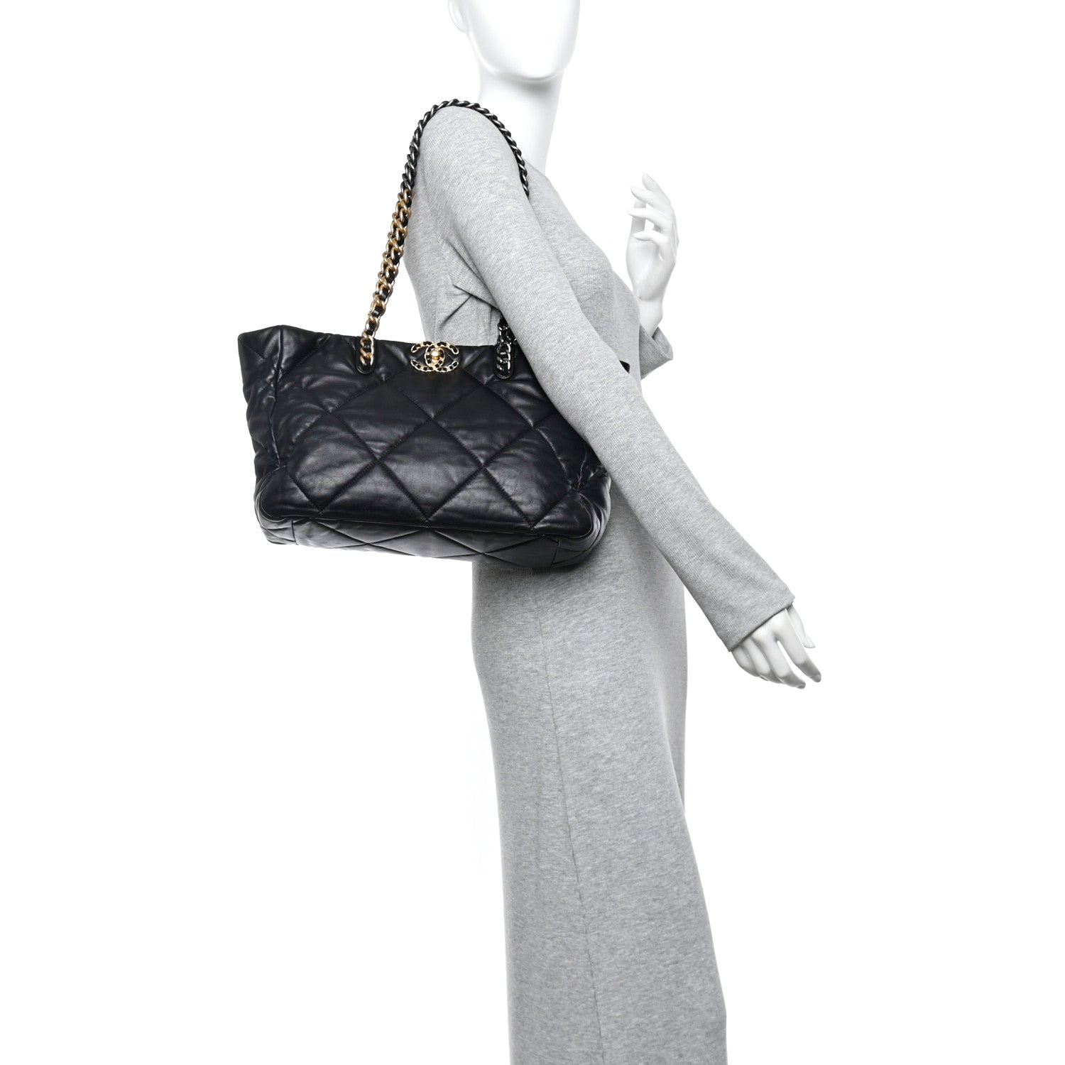 Lambskin Quilted Chanel 19 East West Shopping Bag Black