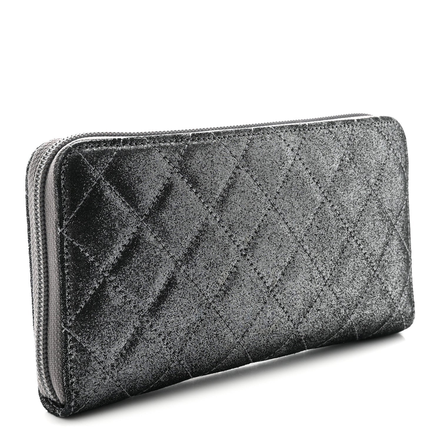 Iridescent Calfskin Quilted Tartan Button Zip Around Wallet Grey