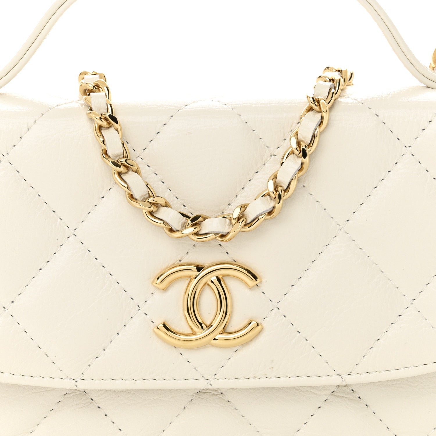Shiny Aged Calfskin Quilted Top Handle Clutch With Chain White