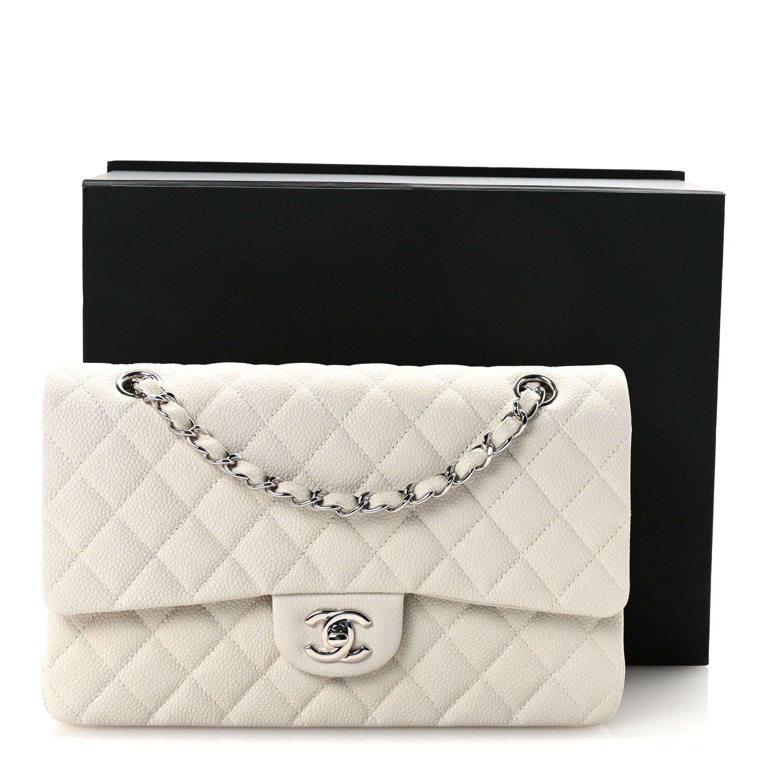 Iridescent Caviar Quilted Medium Double Flap Off White