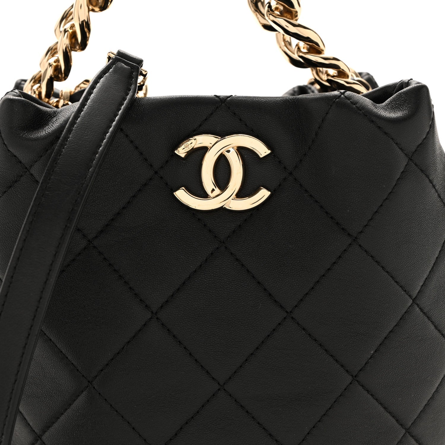 Lambskin Quilted Resin Bi-Color Chain Bucket Bag Black