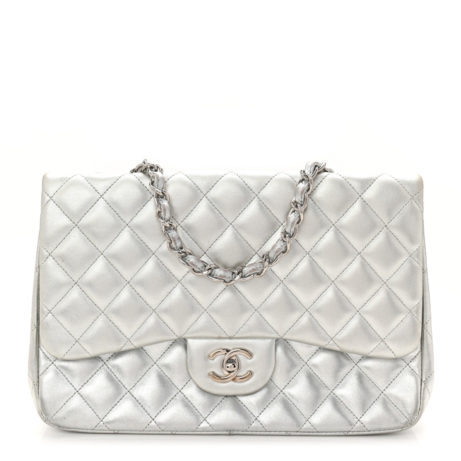 Metallic Lambskin Quilted Jumbo Single Flap Silver