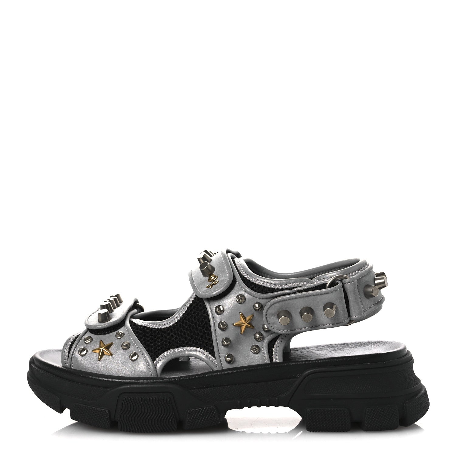 Technical Canvas Calfskin Reflective Studded Mens Aguru Sandals 6.5 Silver Black