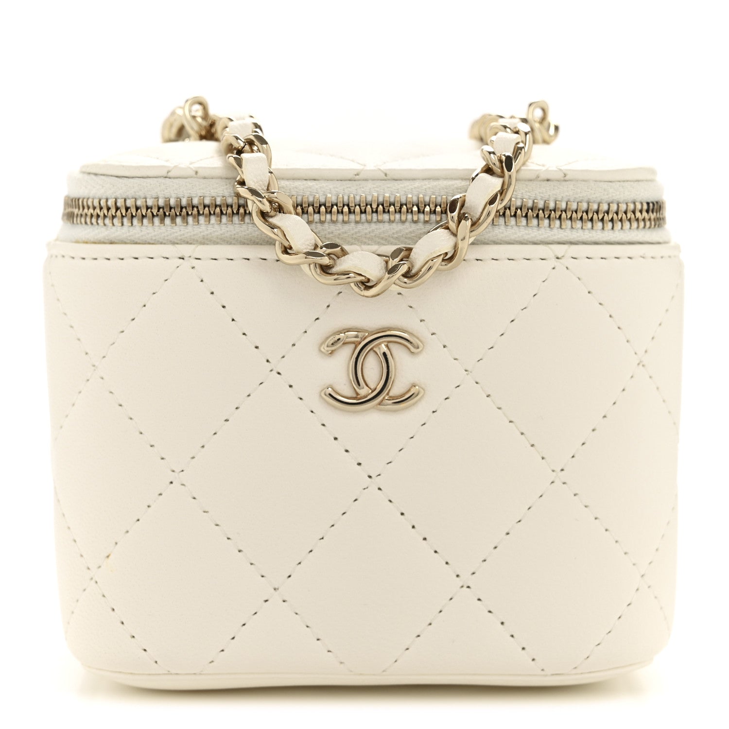 Lambskin Quilted Enamel Pearl Crush Mini Vanity Case With Chain White
