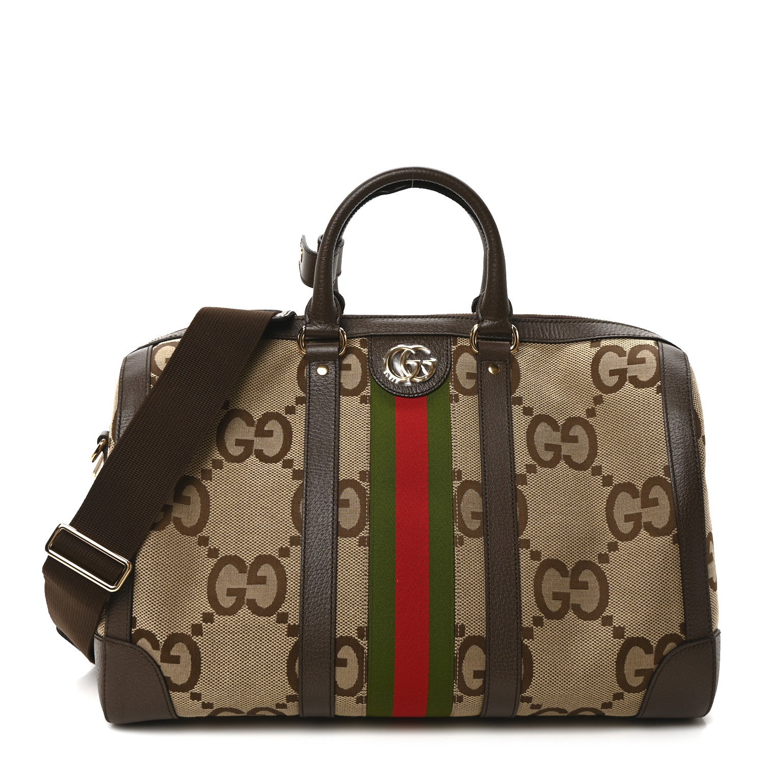 Monogram Jumbo GG Textured Dollar Calfskin Web Medium Duffle Bag Camel Ebony
