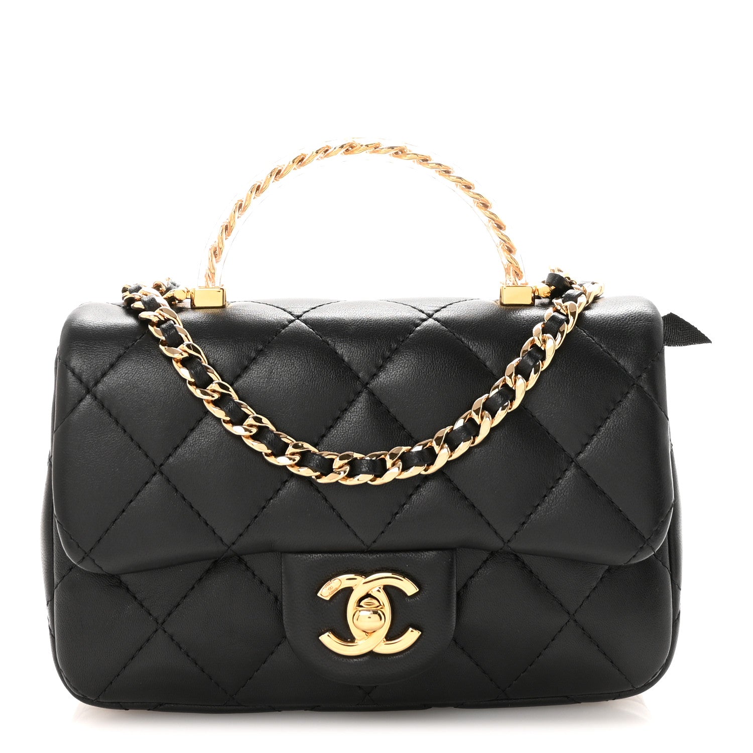 Lambskin Resin Quilted Top Handle Flap Black