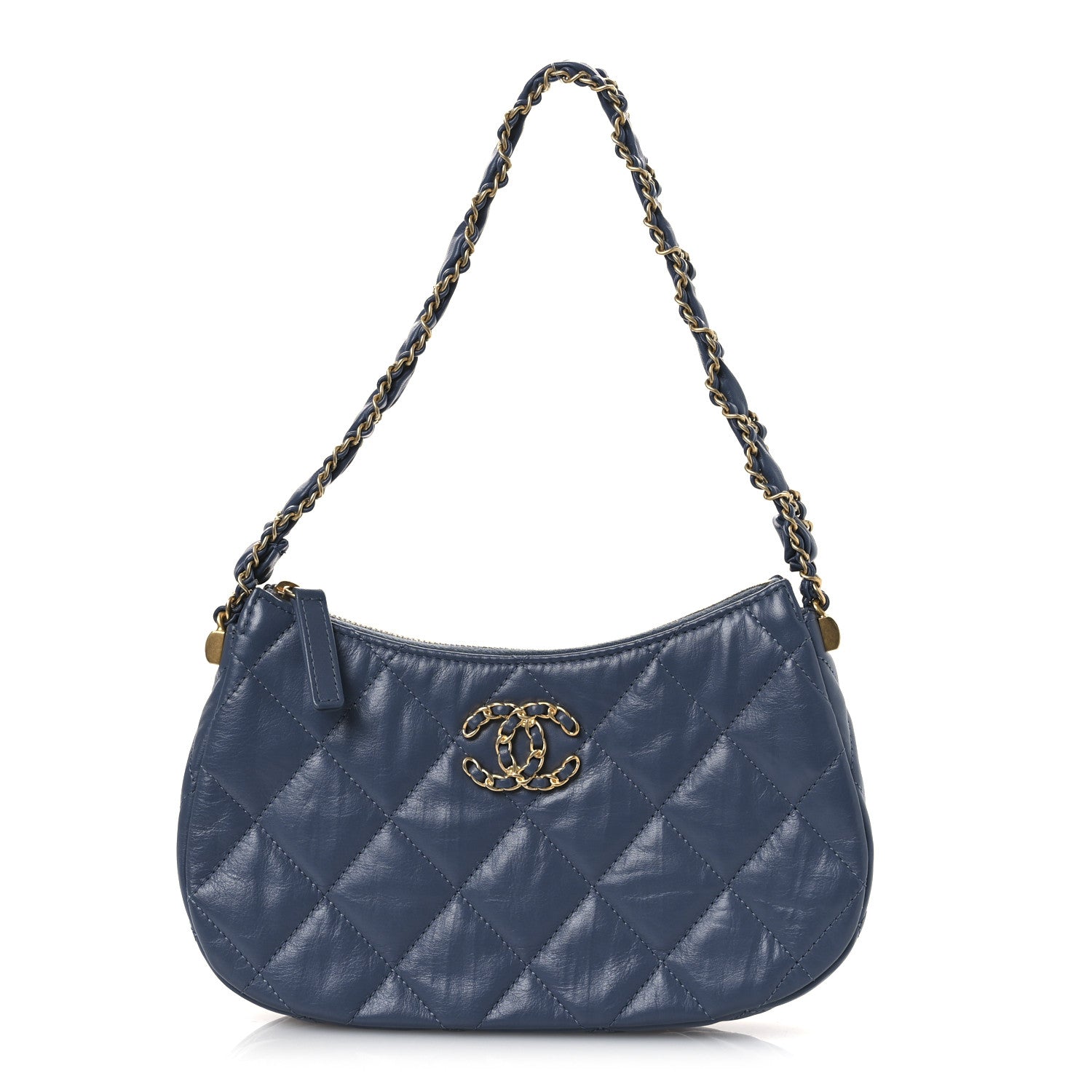 Crumpled Calfskin Quilted Braided CC Small Hobo Blue