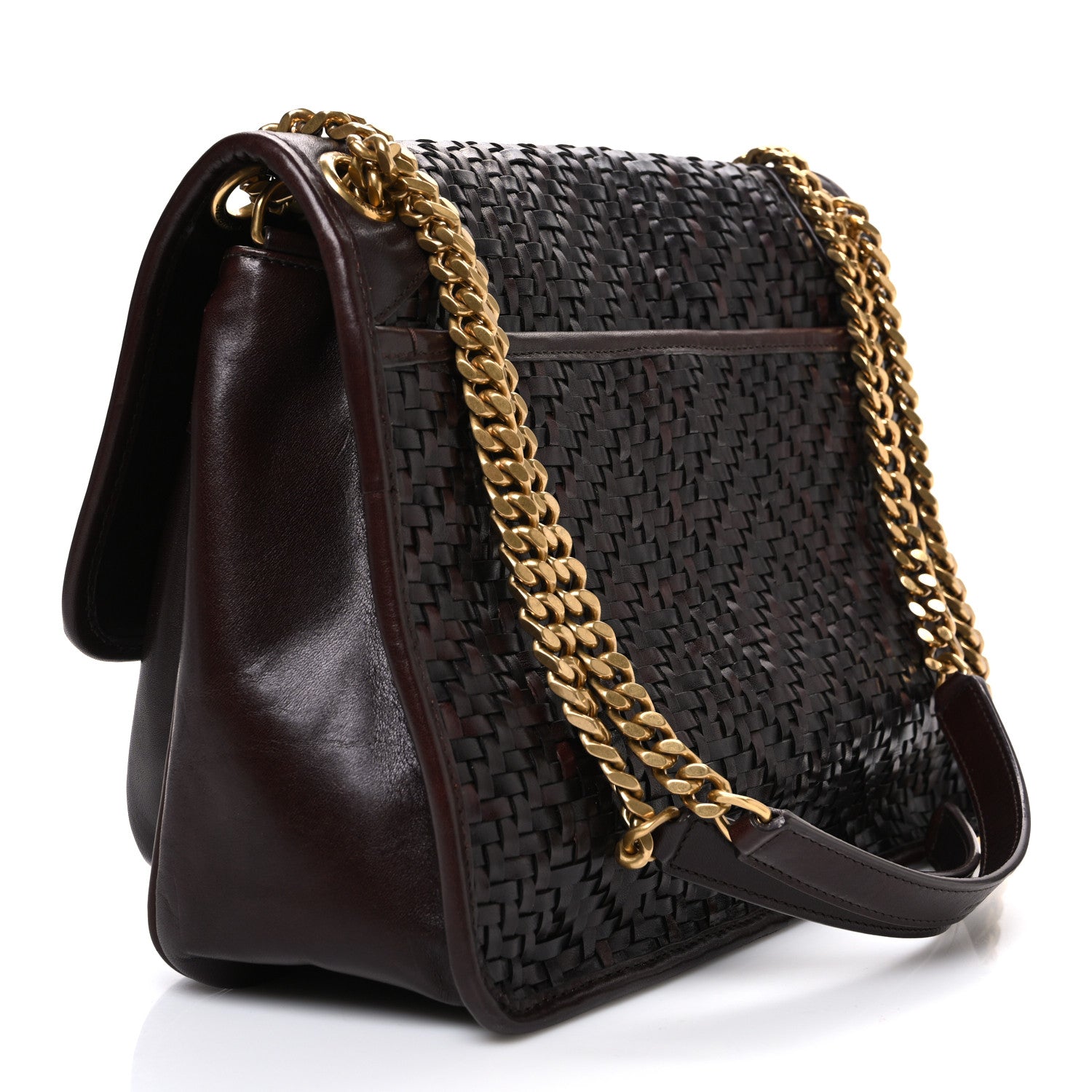 Calfskin Woven Monogram Medium Niki Chain Satchel Burnt Brown