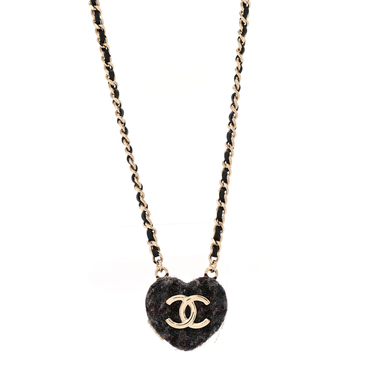Tweed Lambskin CC Heart Locket Necklace Gold Black Beige
