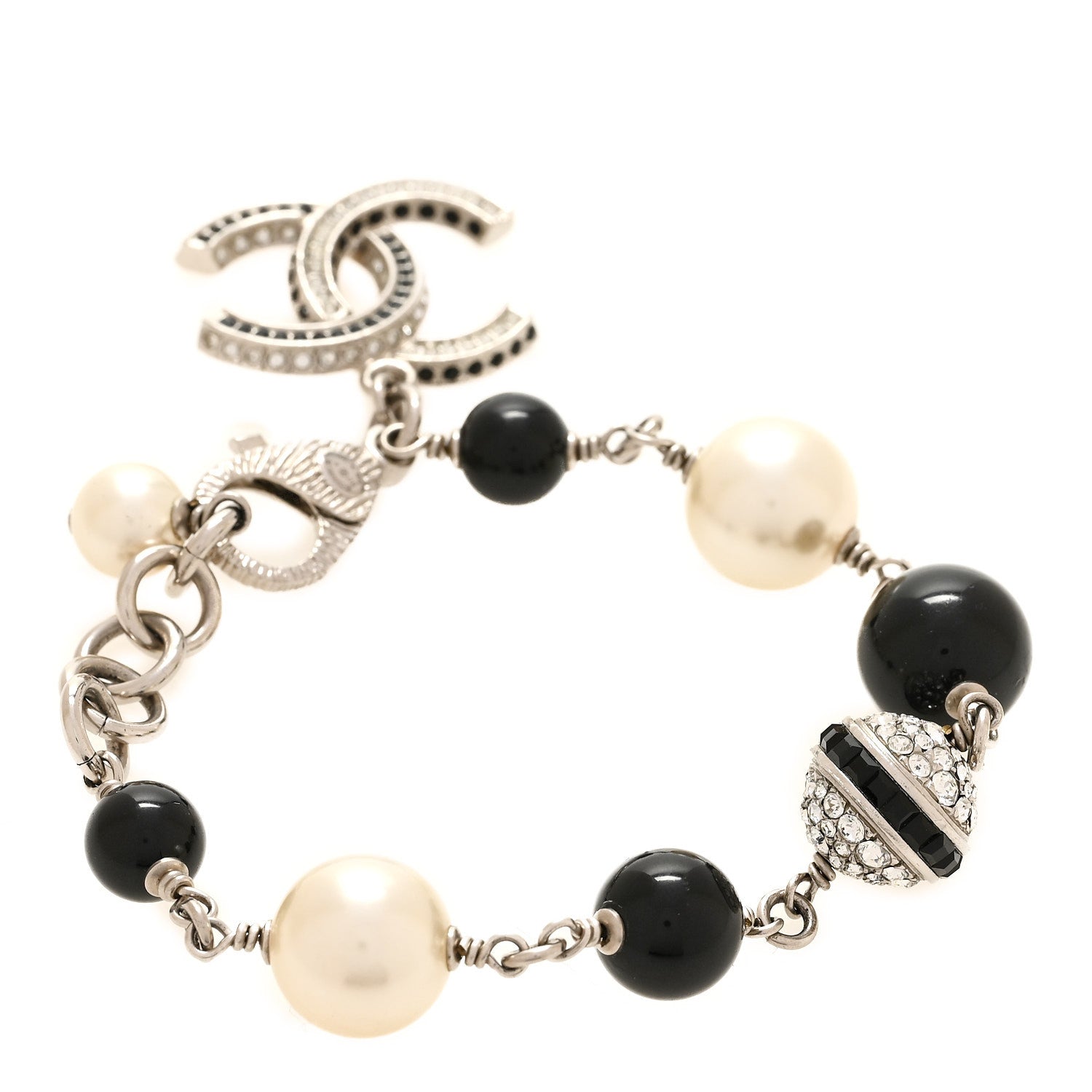 Pearl Bead Crystal CC Bracelet White Black Silver