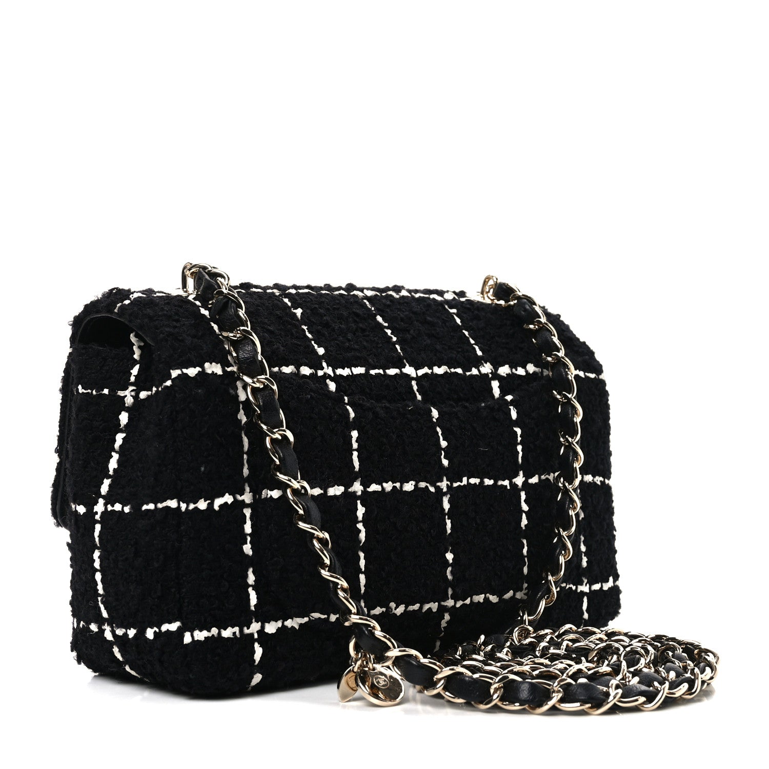 Tweed Quilted Mini Rectangular Camellia Flap Black White