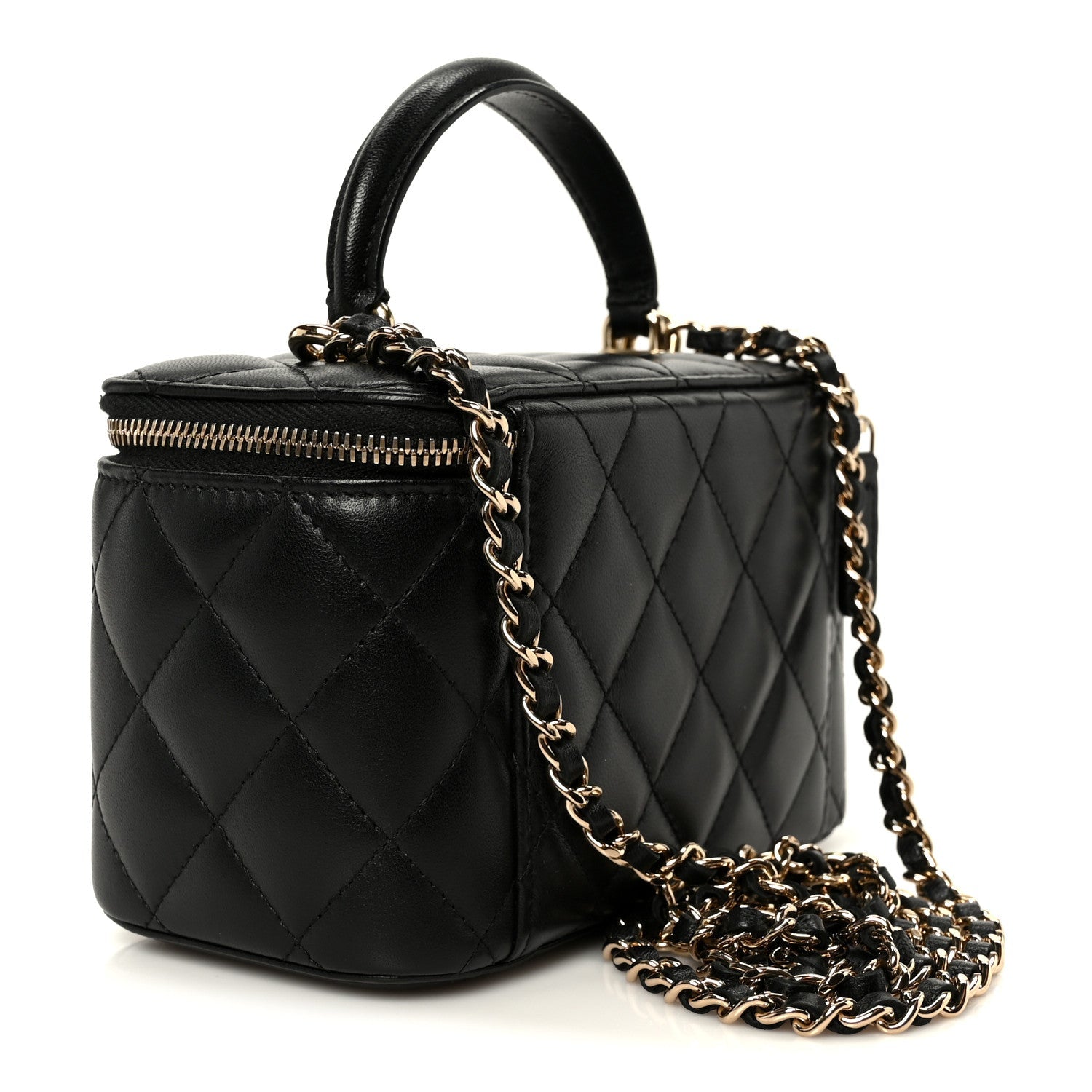 Lambskin Quilted Small Top Handle Vanity Case With Chain Black
