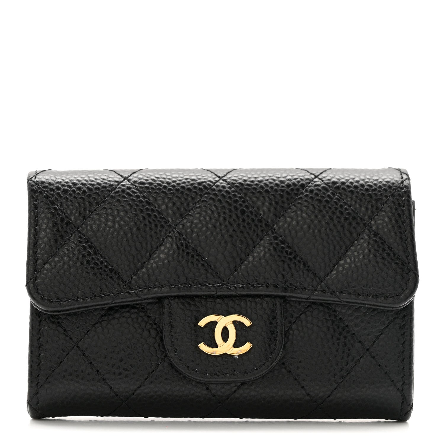 Caviar Quilted Flap Card Holder Wallet Black