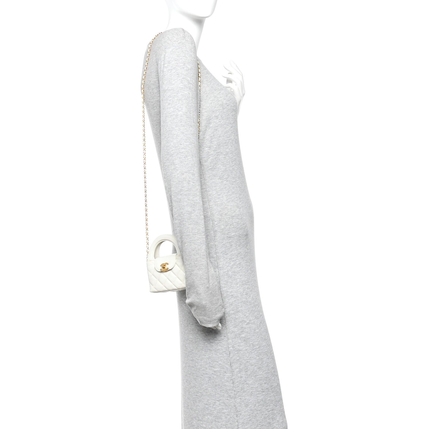 Shiny Aged Calfskin Quilted Mini Nano Kelly Shopper White