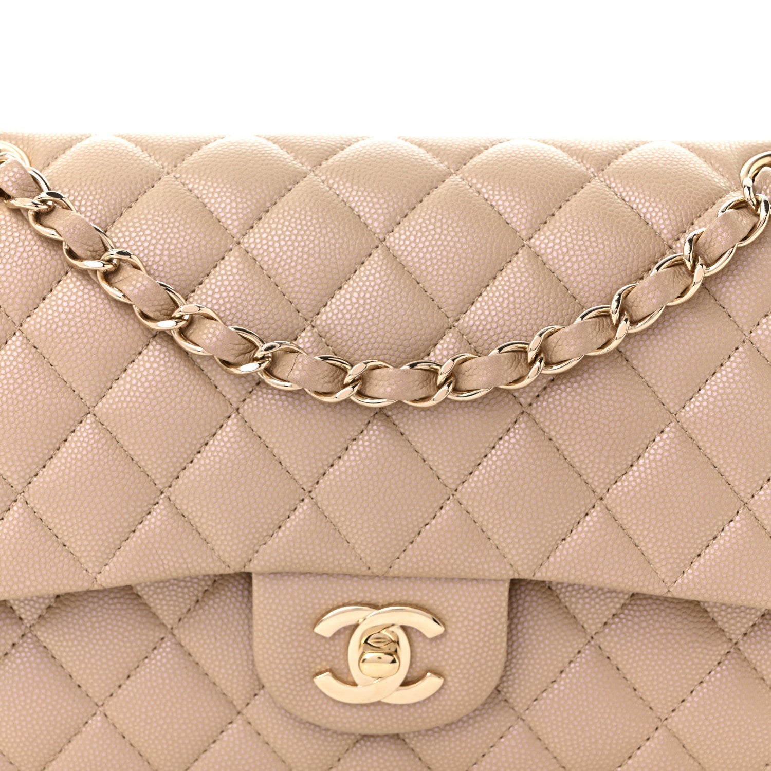 Iridescent Caviar Quilted Medium Double Flap Dark Beige