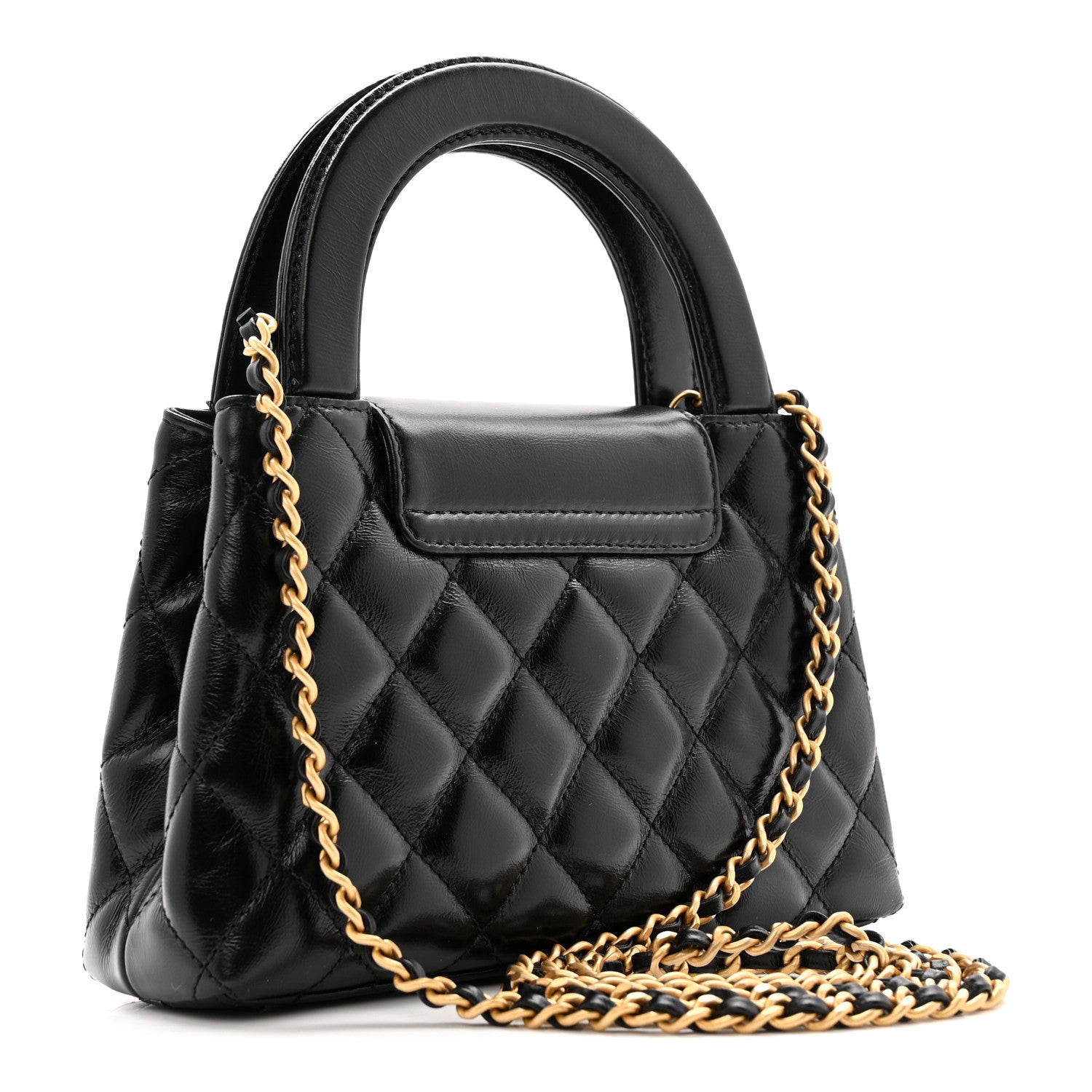 Shiny Aged Calfskin Quilted Nano Kelly Shopper Black