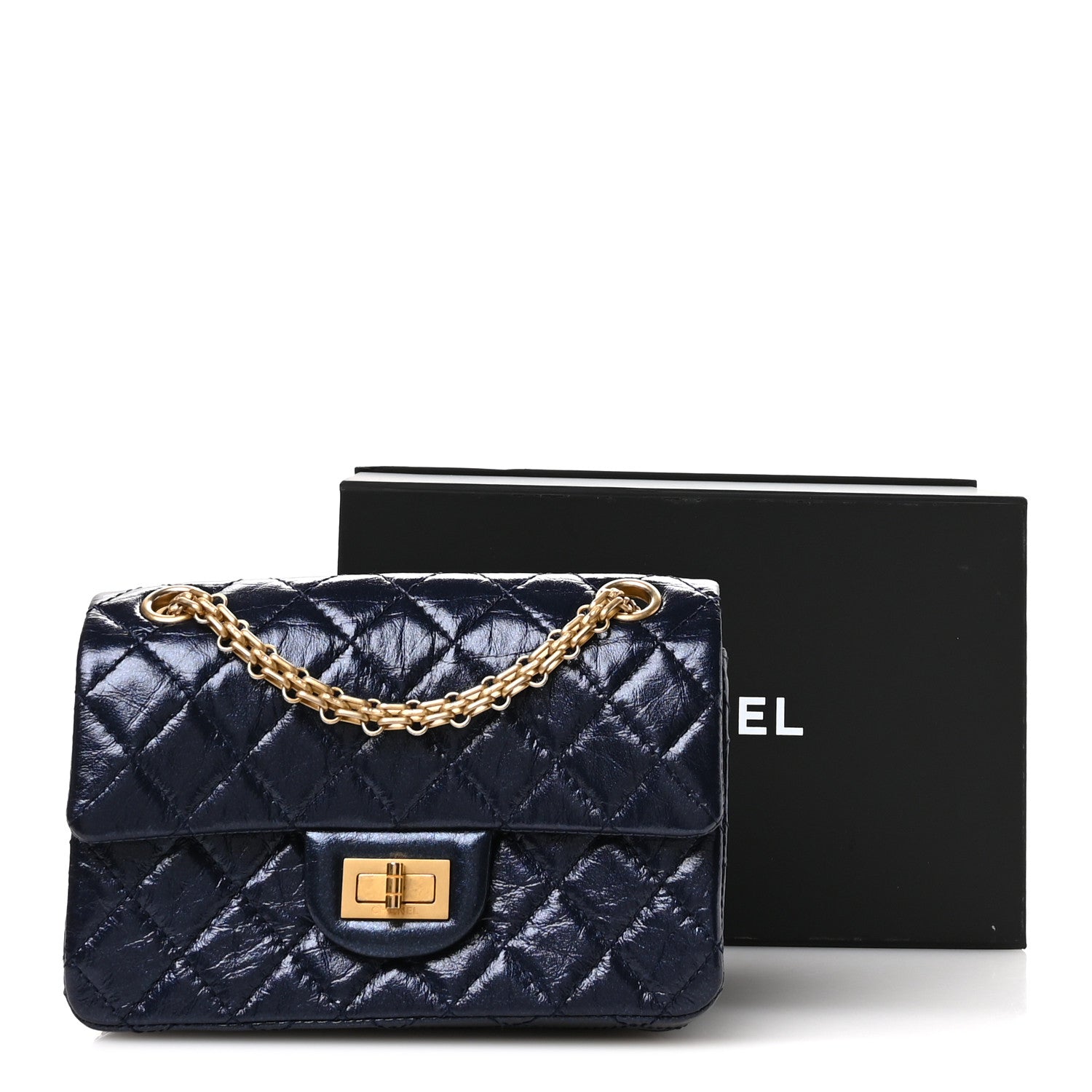 Iridescent Aged Calfskin Quilted 2.55 Reissue Mini Flap Navy