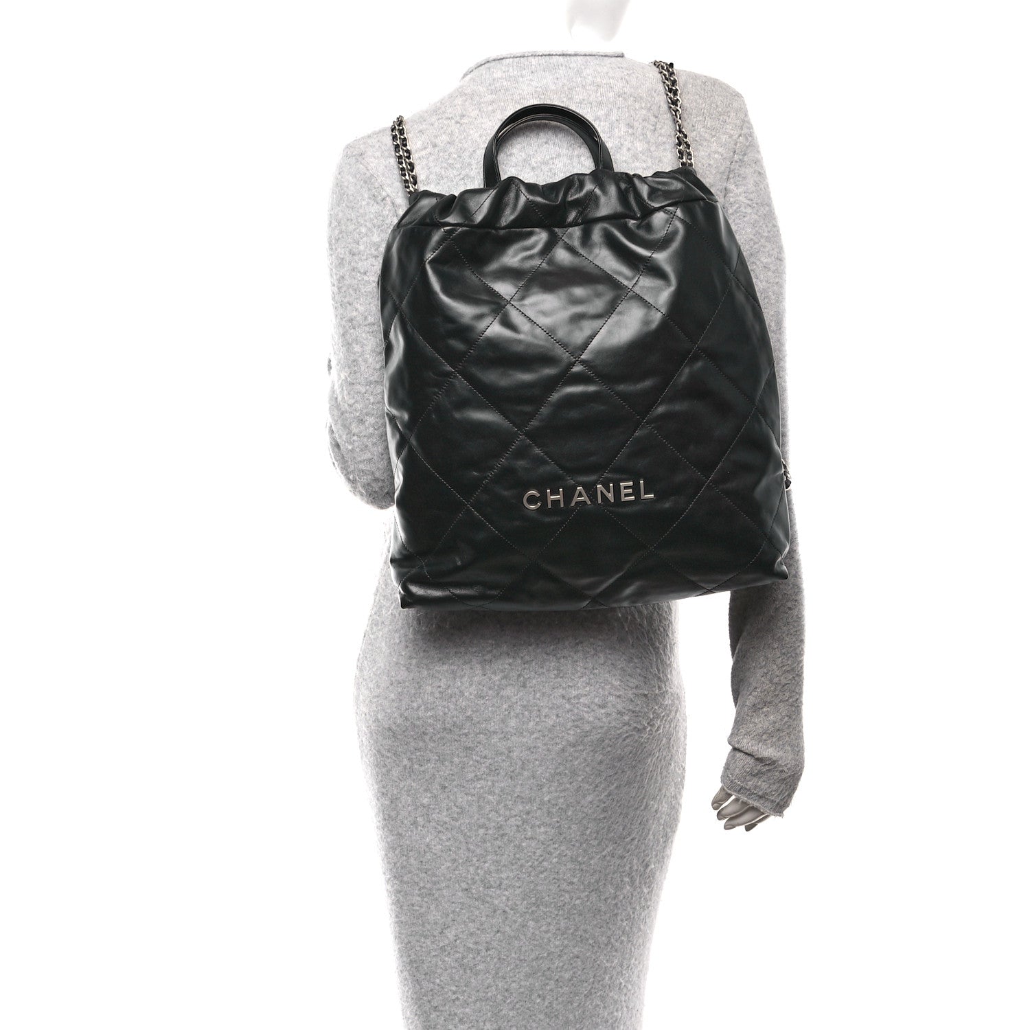 Shiny Calfskin Quilted Chanel 22 Backpack Black