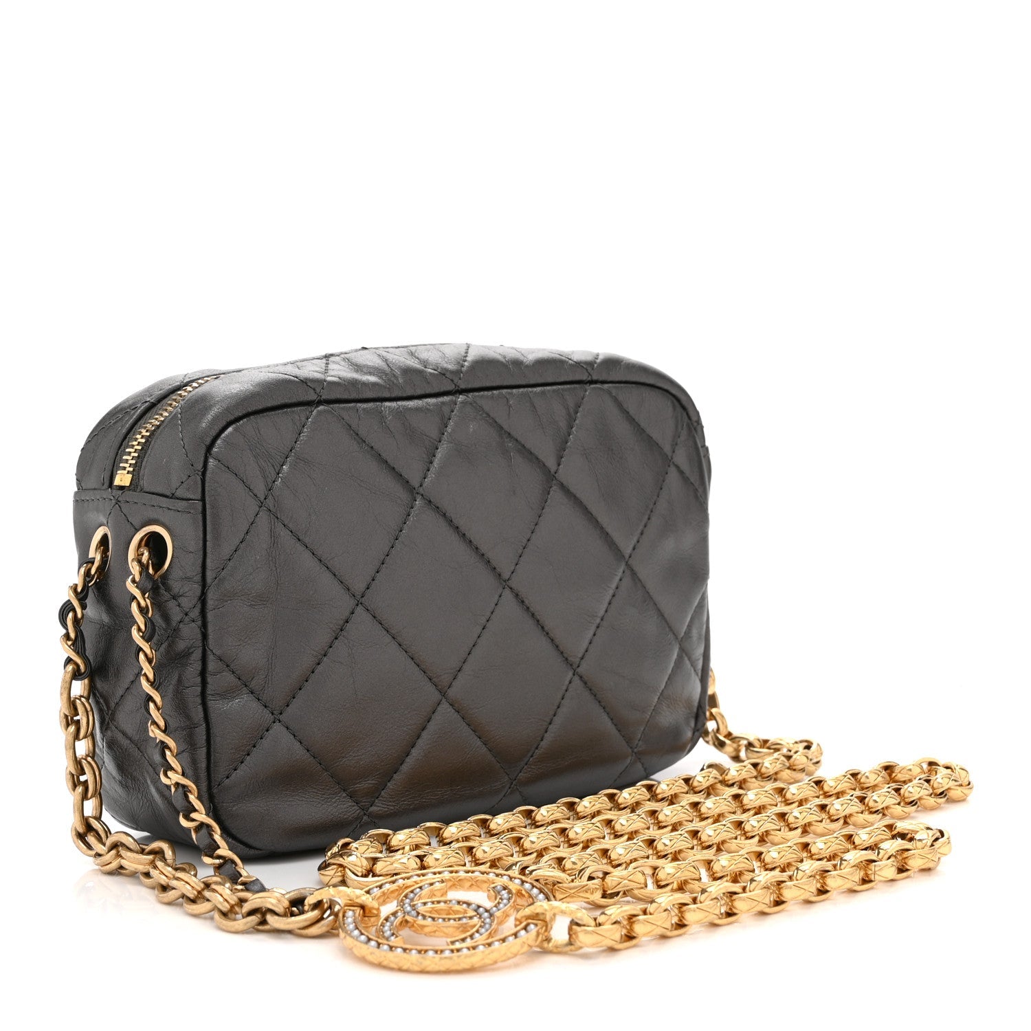 Metallic Calfskin Pearl Quilted CC Mini Camera Case Ruthenium