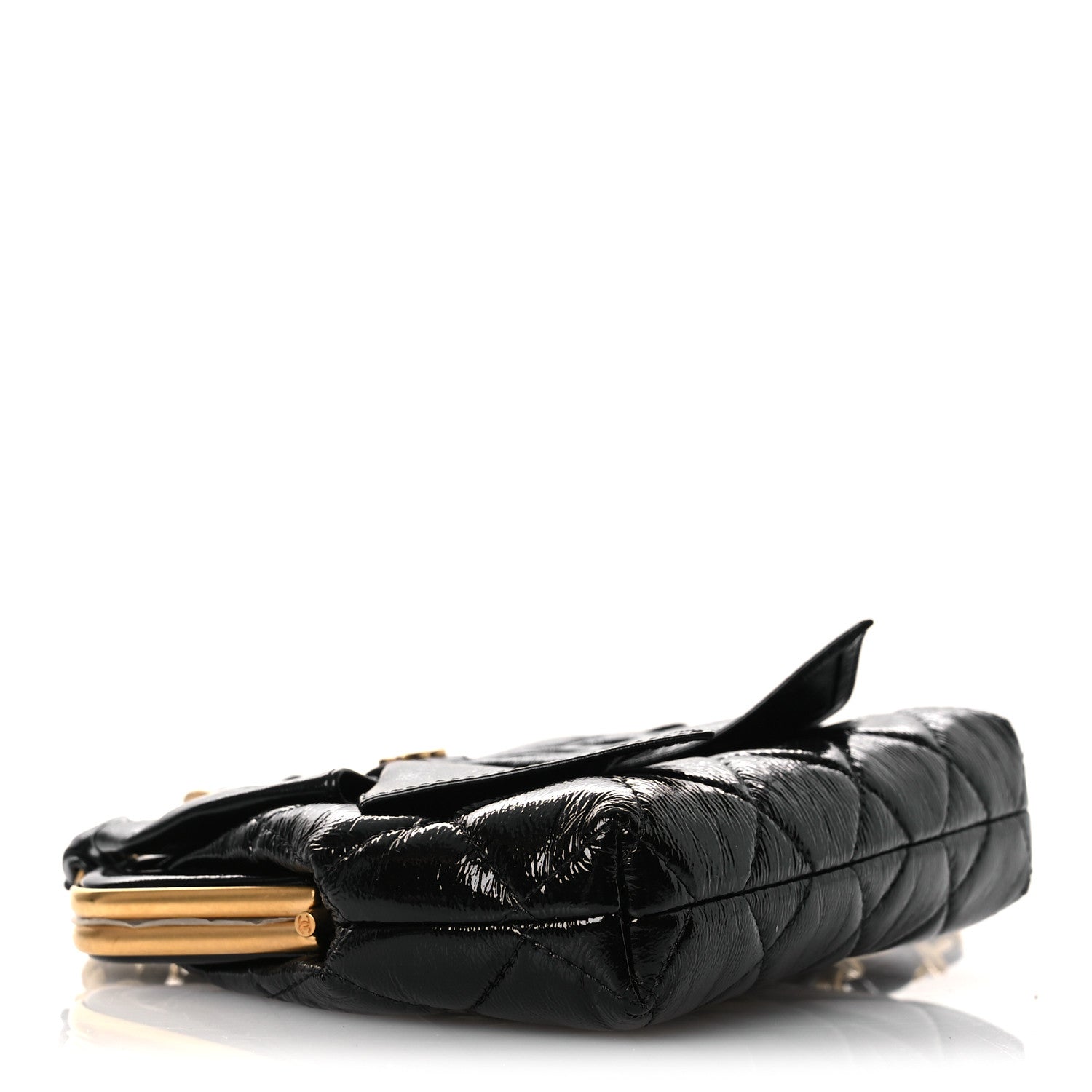 Patent Crumpled Lambskin Quilted Maxi Bow Clutch With Chain Black