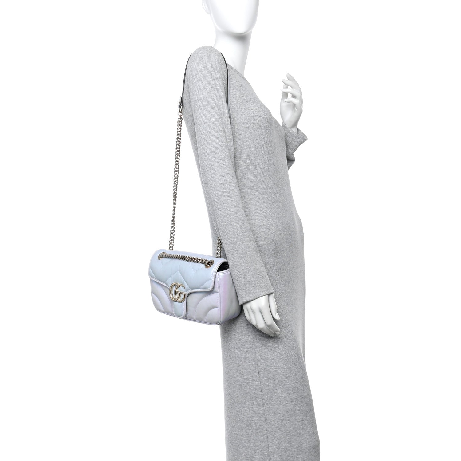 Iridescent Nappa Chevron Matelasse Small GG Marmont Shoulder Bag Snow Light Blue
