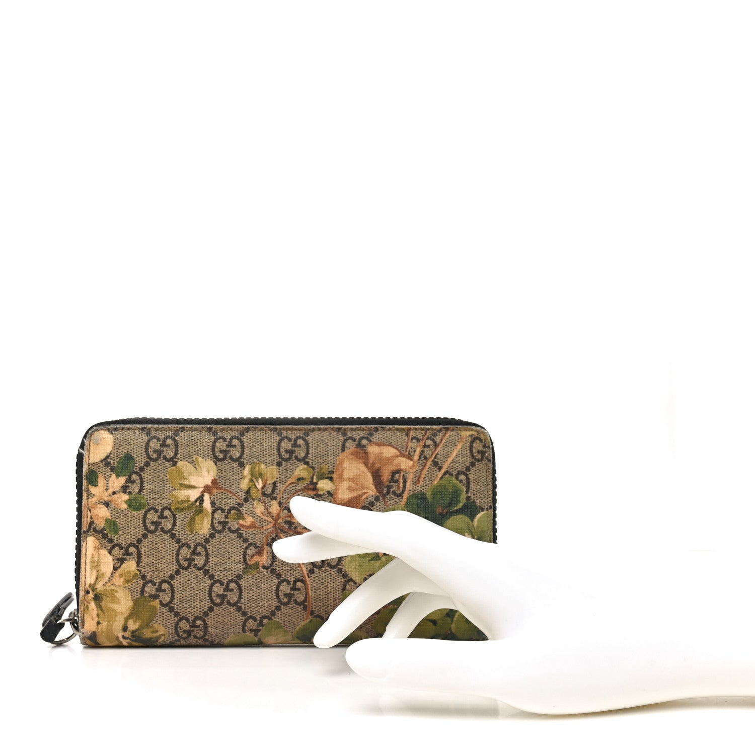GG Supreme Monogram Blooms Zip Around Wallet Beige New Military Black
