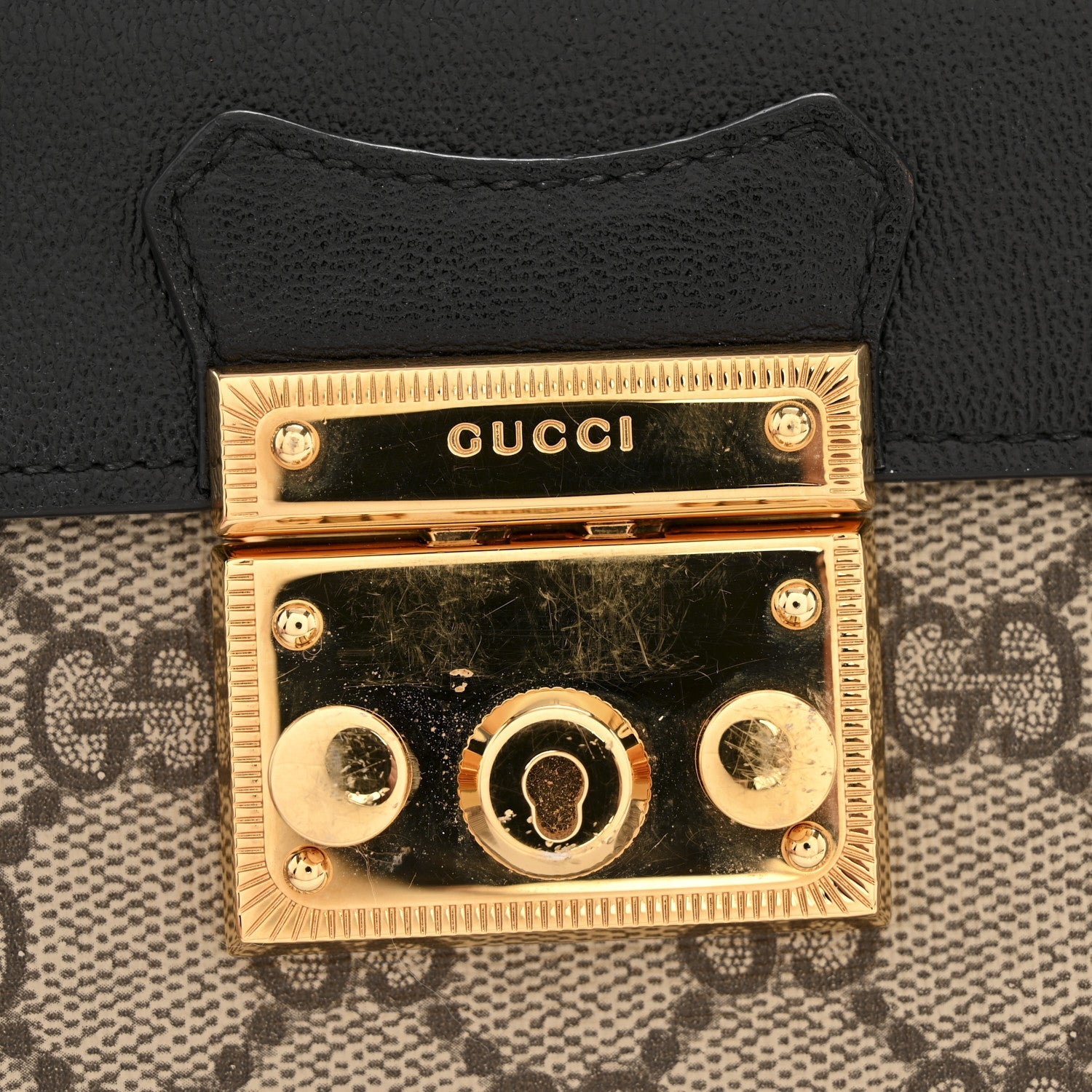 GG Supreme Monogram Calfskin Mini Padlock Top Handle Shoulder Bag Beige Black Cuir