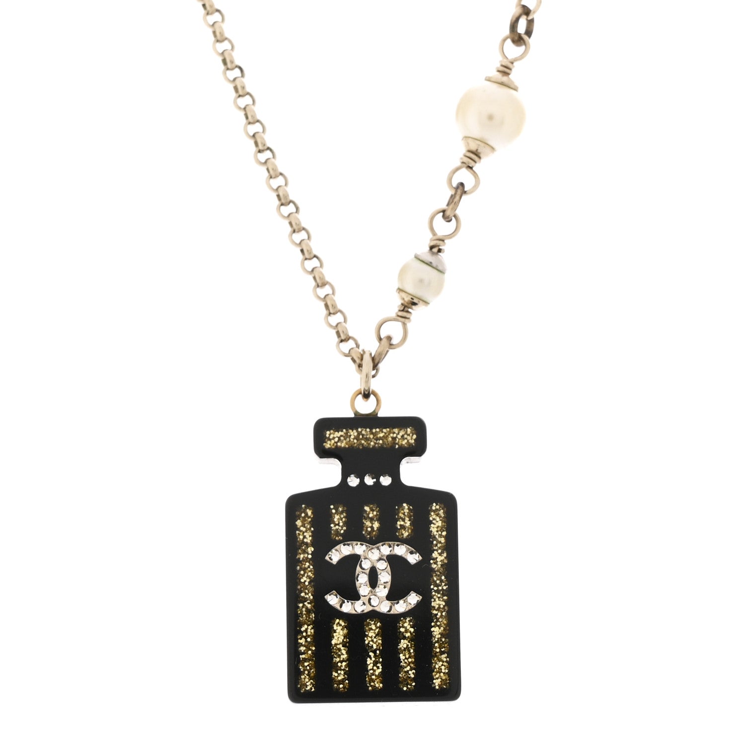 Pearl Resin Strass Perfume Bottle CC Necklace Black Gold