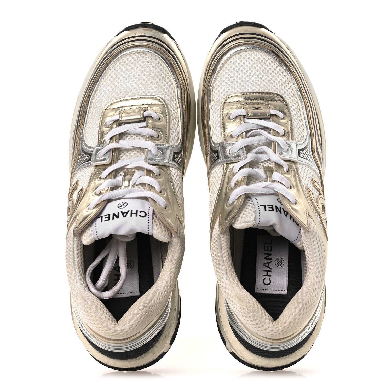 Fabric Laminated Calfskin Stretch CC Womens Sneakers 40 White Gold Silver