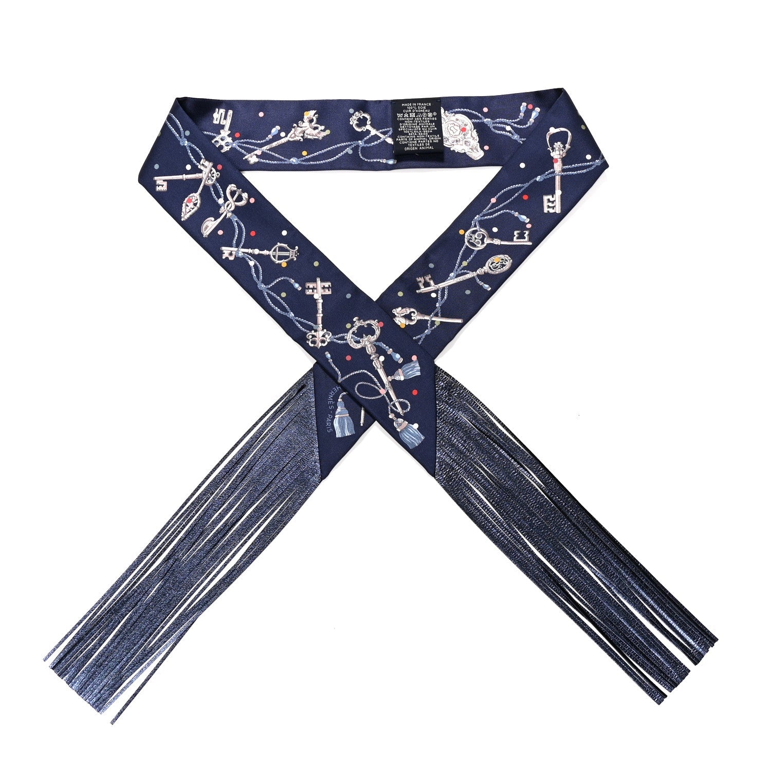 Silk Calfskin Les Cles A Pois Fringed Twilly Bleu Marine Gris Argent Multicolor