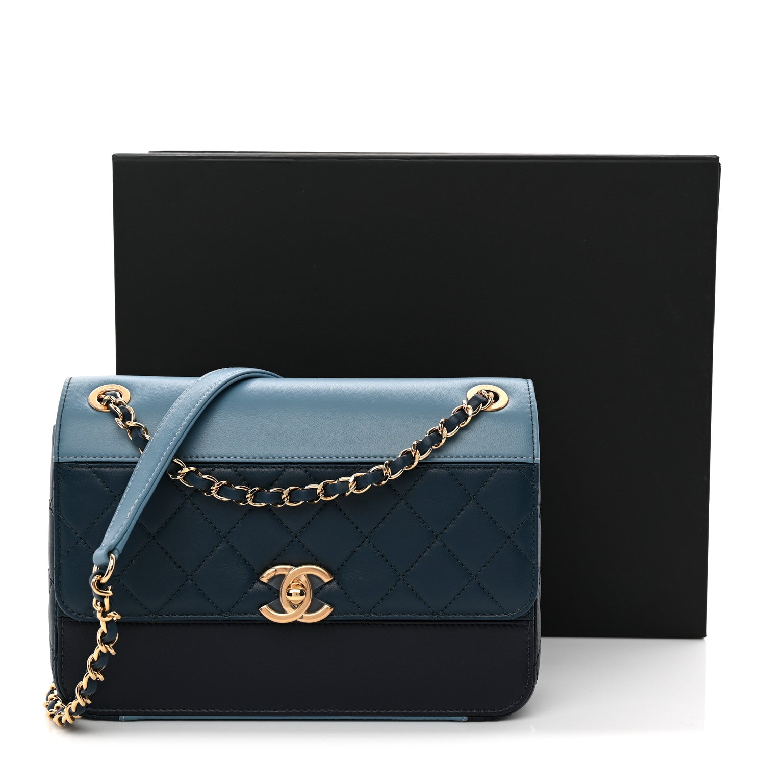 Lambskin Calfskin Quilted Shoulder Flap Bag Dark Blue Light Blue