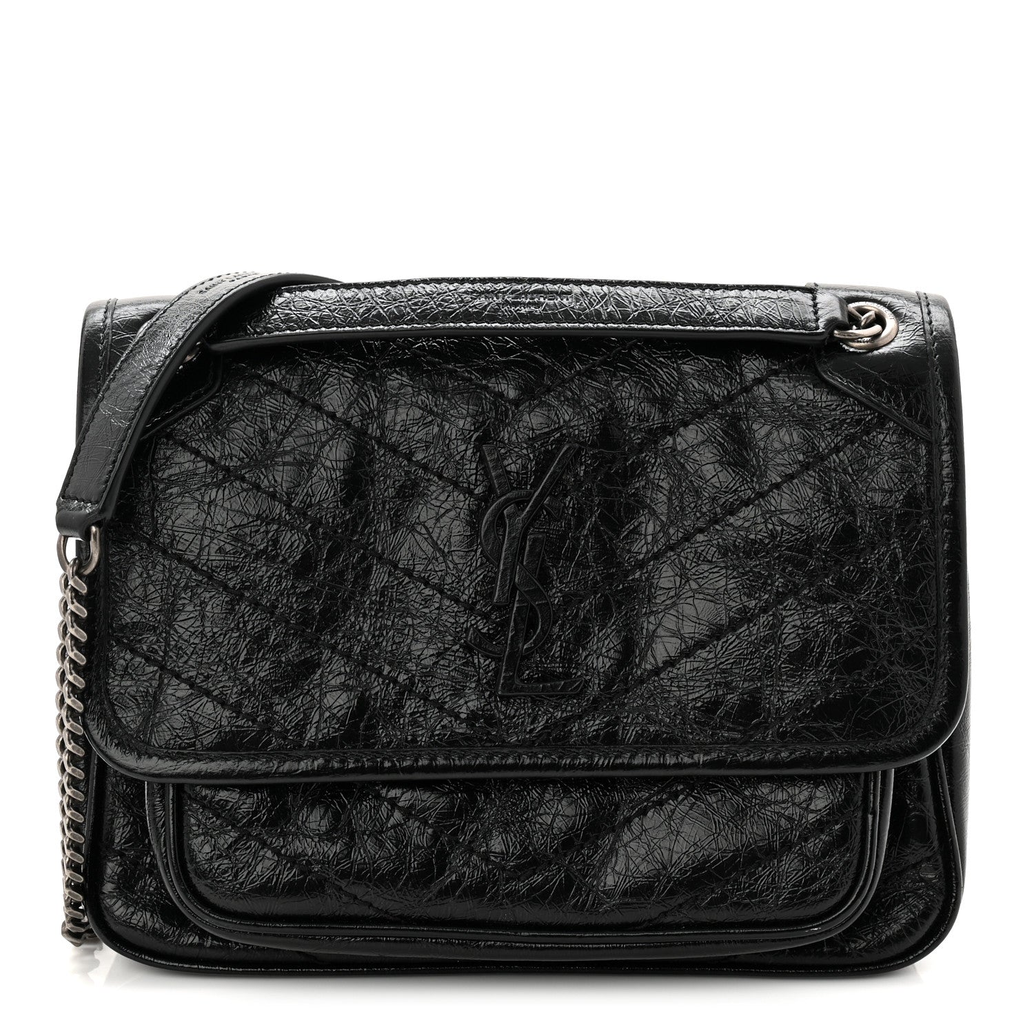 Crinkled Calfskin Matelasse Monogram Baby Niki Chain Satchel Black