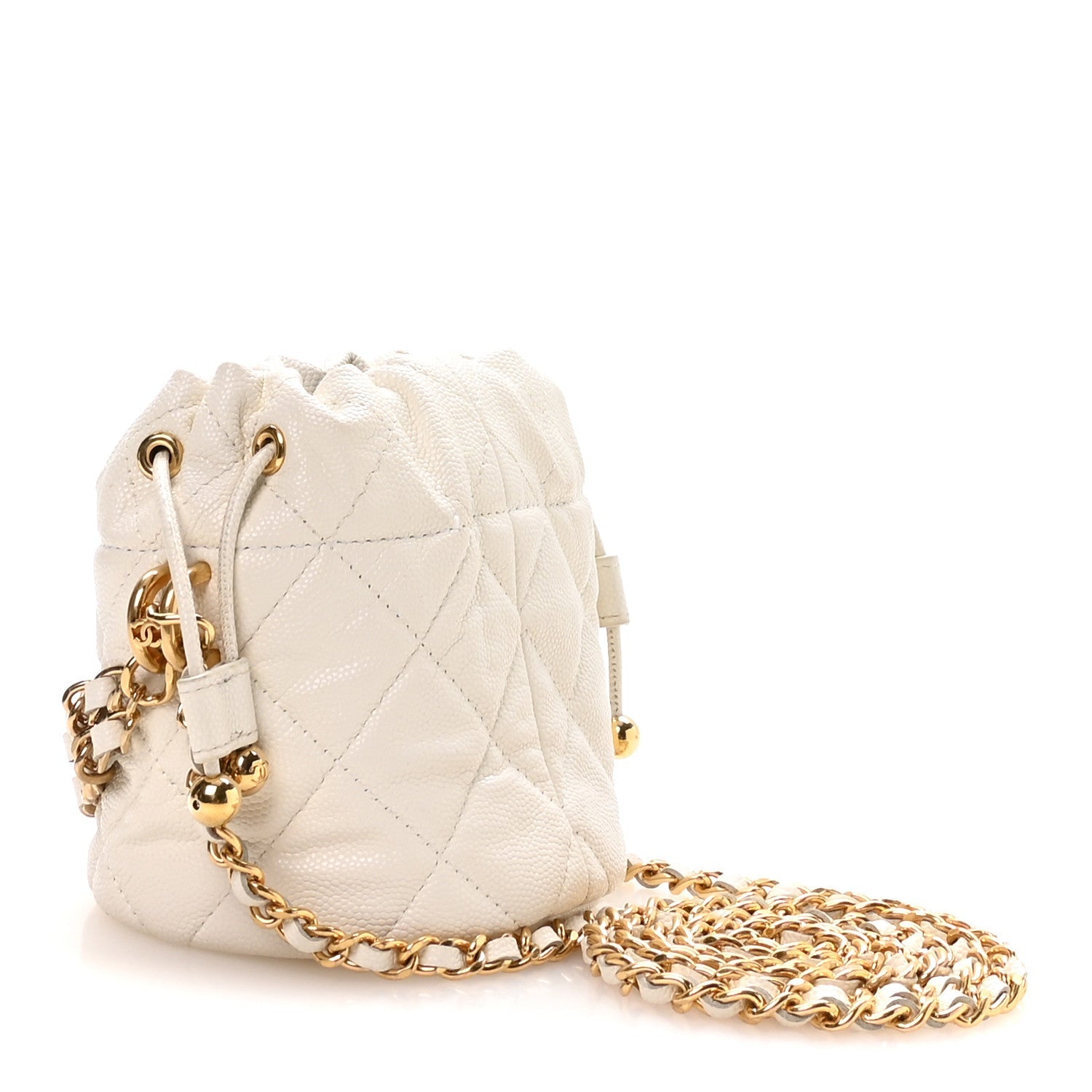 Caviar Quilted Coco First Bucket Clutch With Chain White
