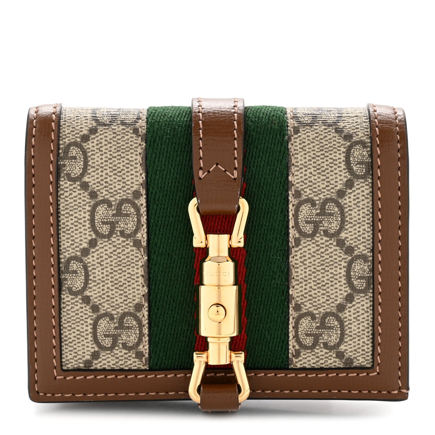GG Supreme Monogram Textured Calfskin Web Jackie 1961 Card Case Beige Ebony Brown Sugar