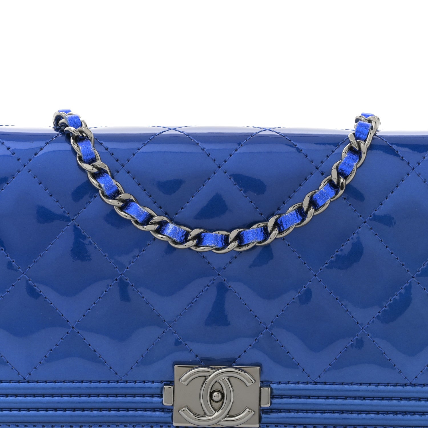 Metallic Patent Calfskin Quilted Boy Wallet on Chain WOC Blue