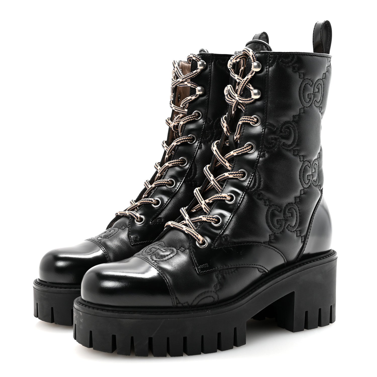 Cordovan Lux Nappa GG Matelasse Lace Up 60mm Combat Boots 35.5 Black