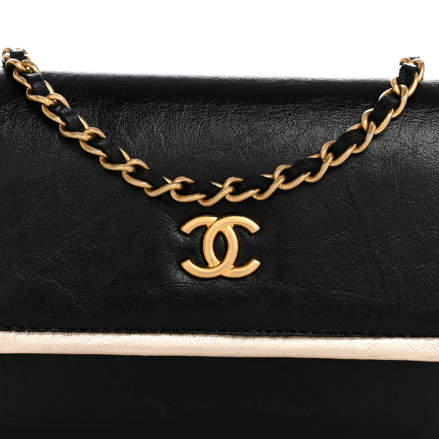 Metallic Calfskin Clutch With Chain Black Gold