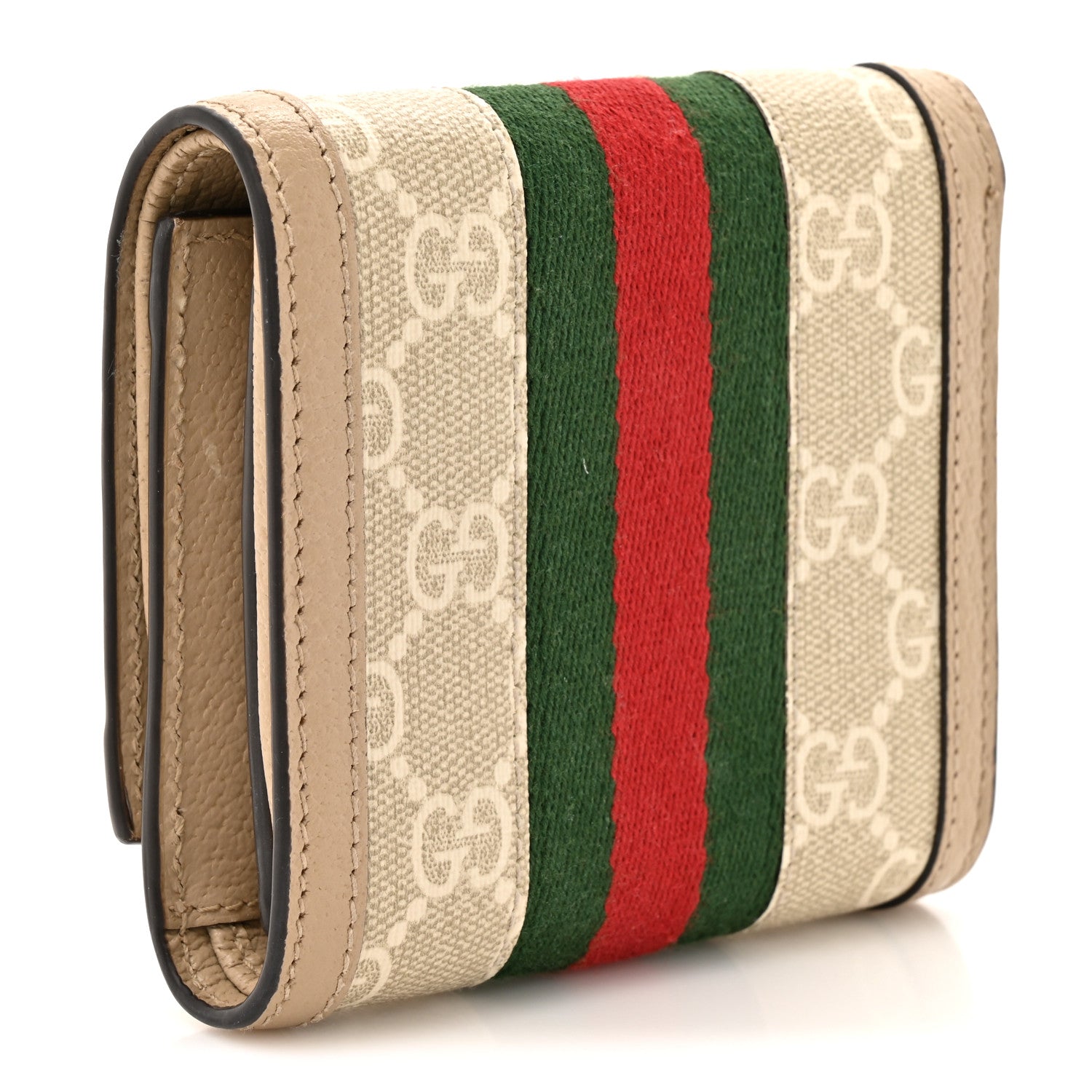 GG Supreme Monogram Textured Dollar Calfskin Web Ophidia Card Case Wallet Beige Mystic White Oatmeal