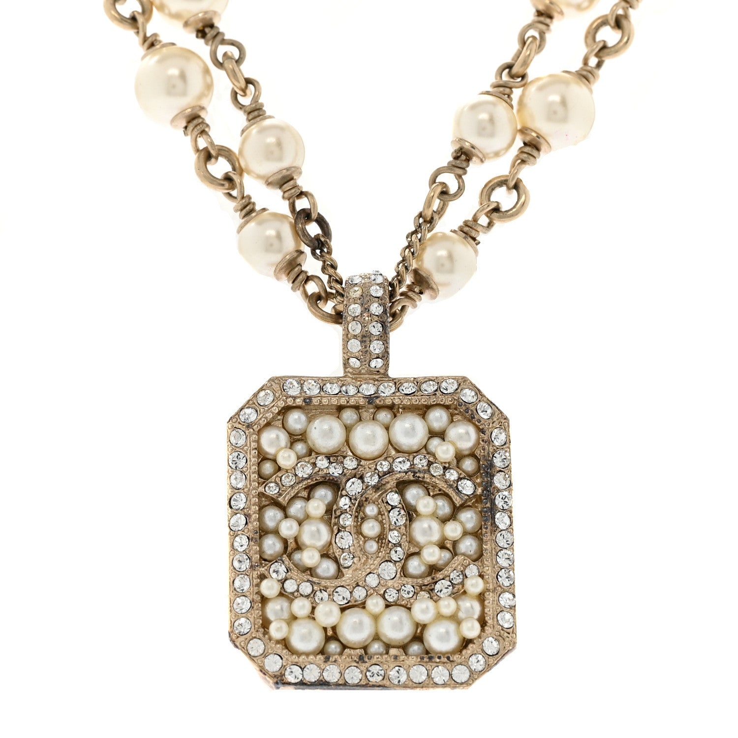 Pearl Crystal CC Double Strand Necklace Gold