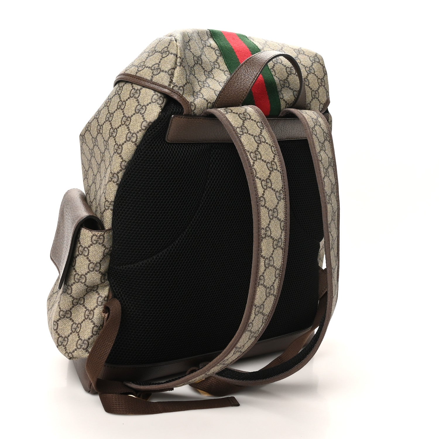 GG Supreme Monogram Medium Ophidia Double Buckle Backpack Brown