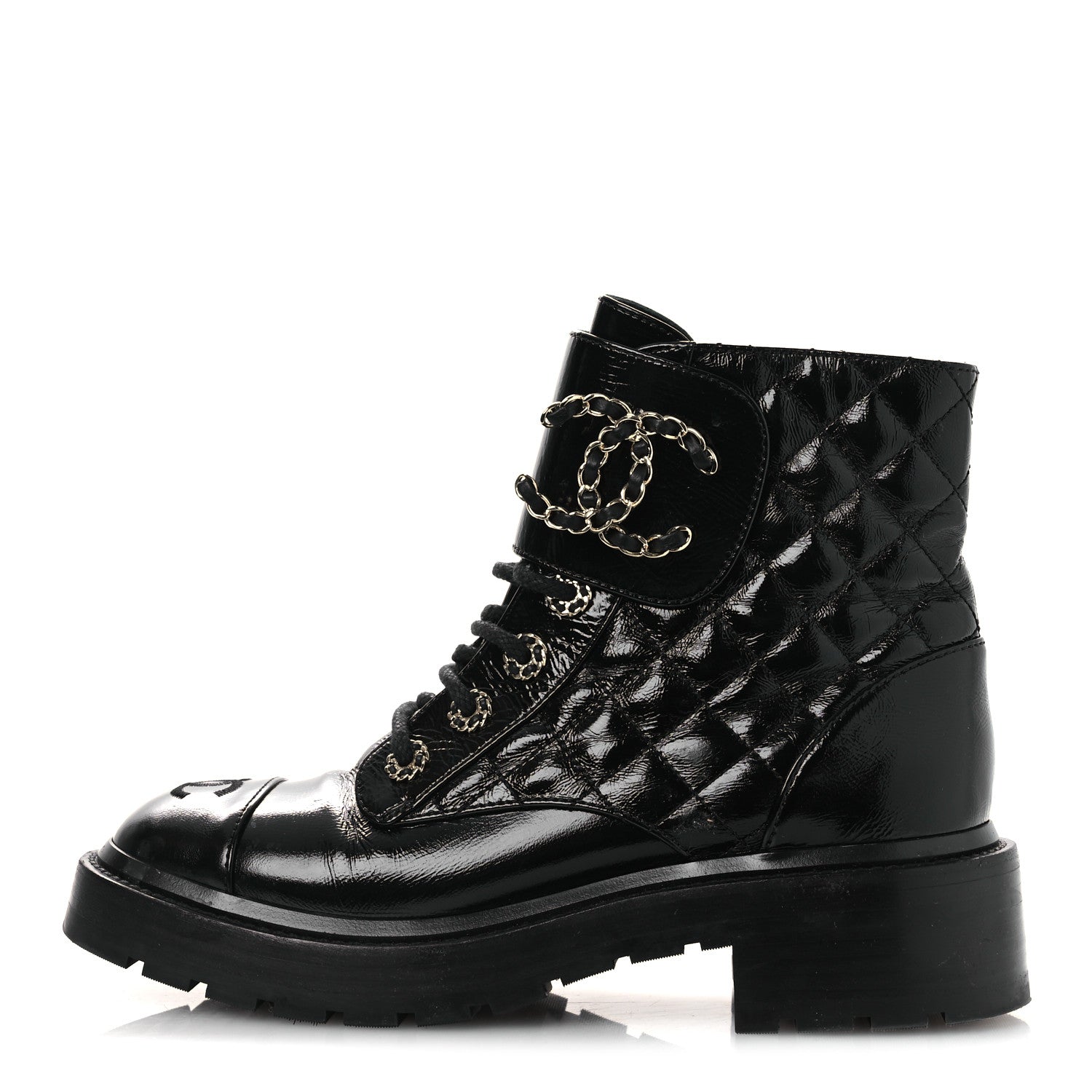 Shiny Calfskin Quilted Lace Up Combat Boots 37 Black