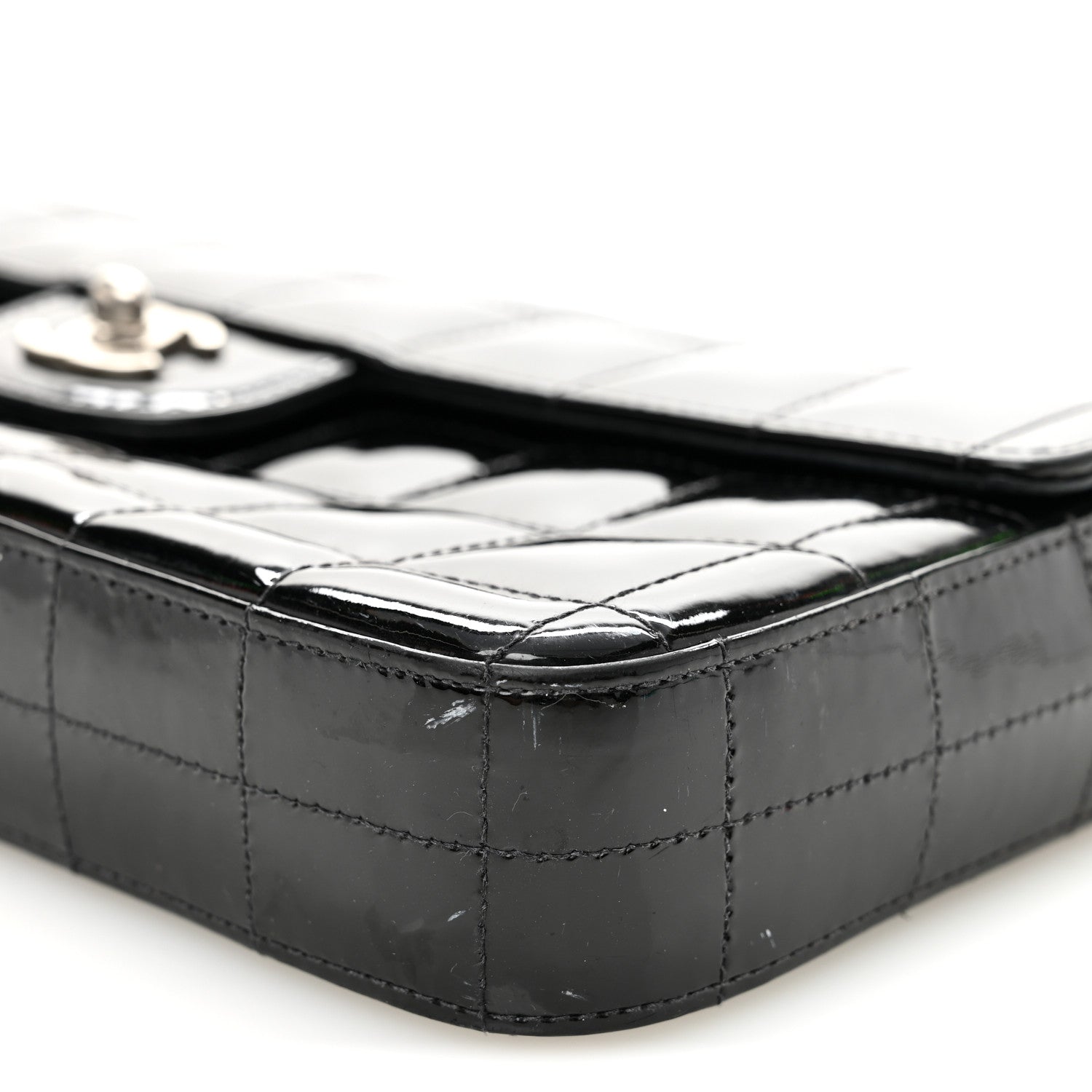 Patent Quilted East West Chocolate Bar Flap Black