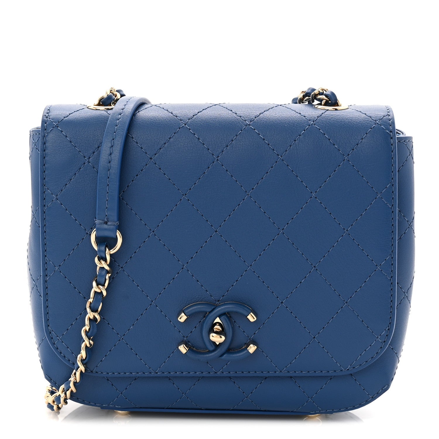 Calfskin Stitched Small Covered CC Flap Bag Blue