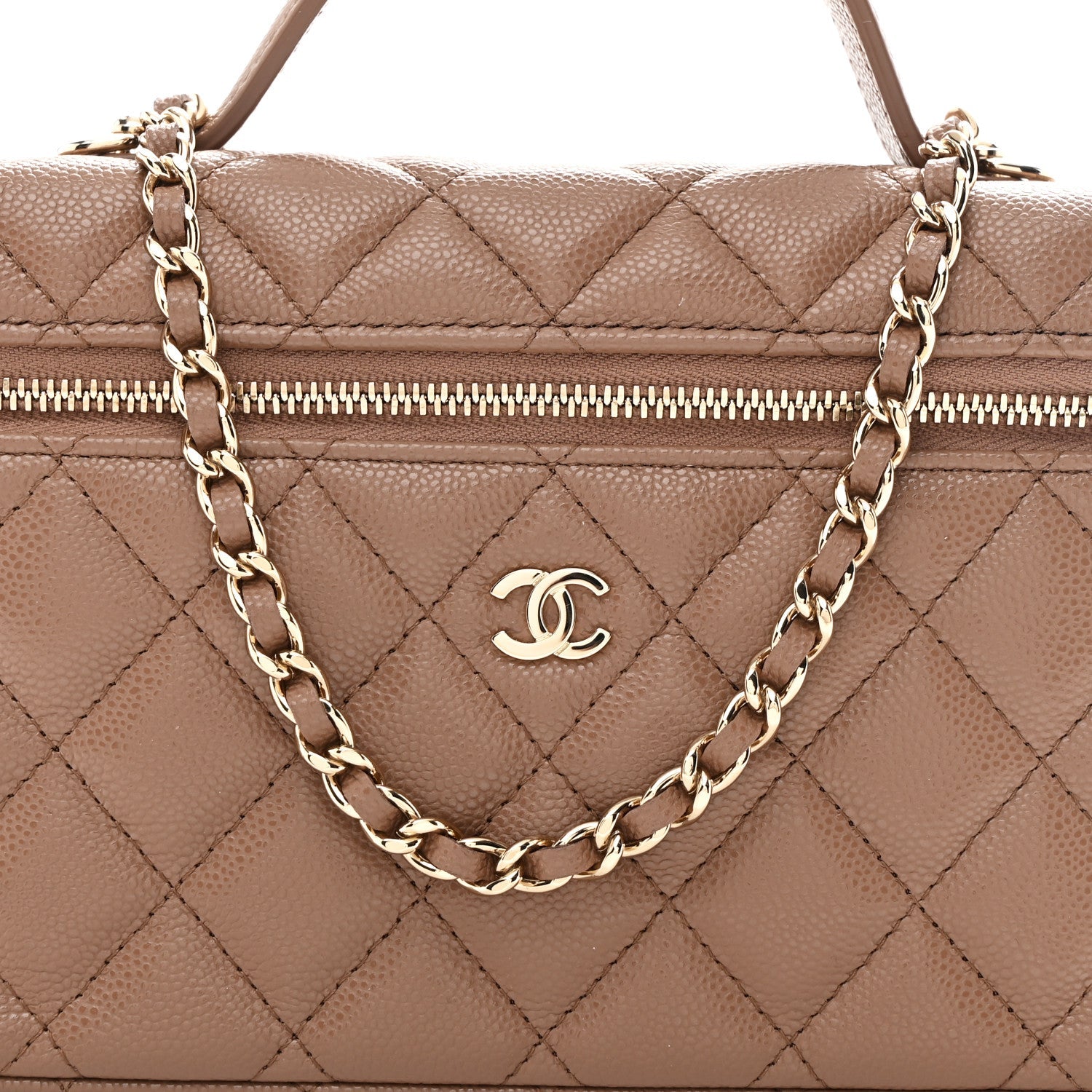 Caviar Quilted Top Handle Slim Vanity With Chain Dark Beige