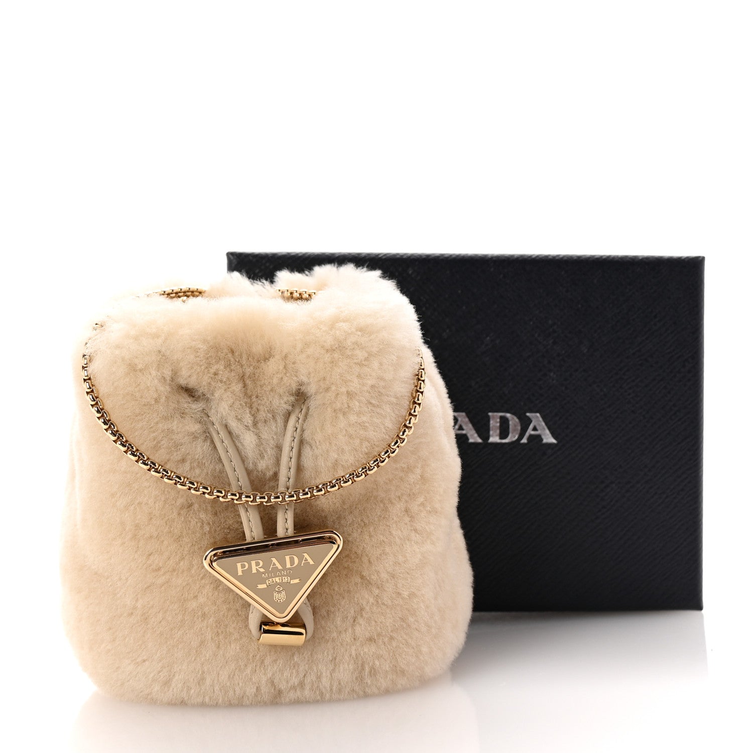 Shearling Metal Triangle Logo Mini Drawcord Pouch Shoulder Bag Ecru