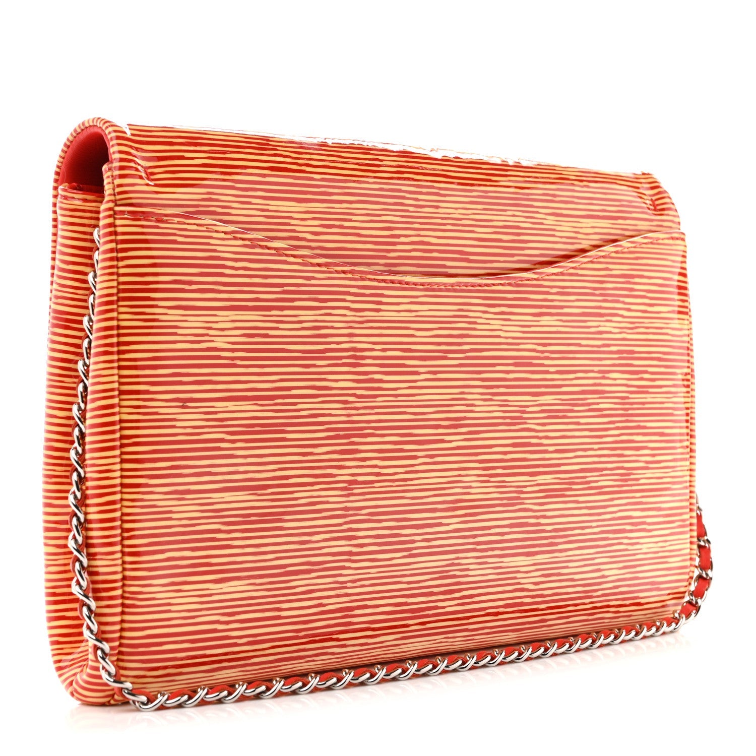 Patent Calfskin Striped Clutch With Chain Flap Red