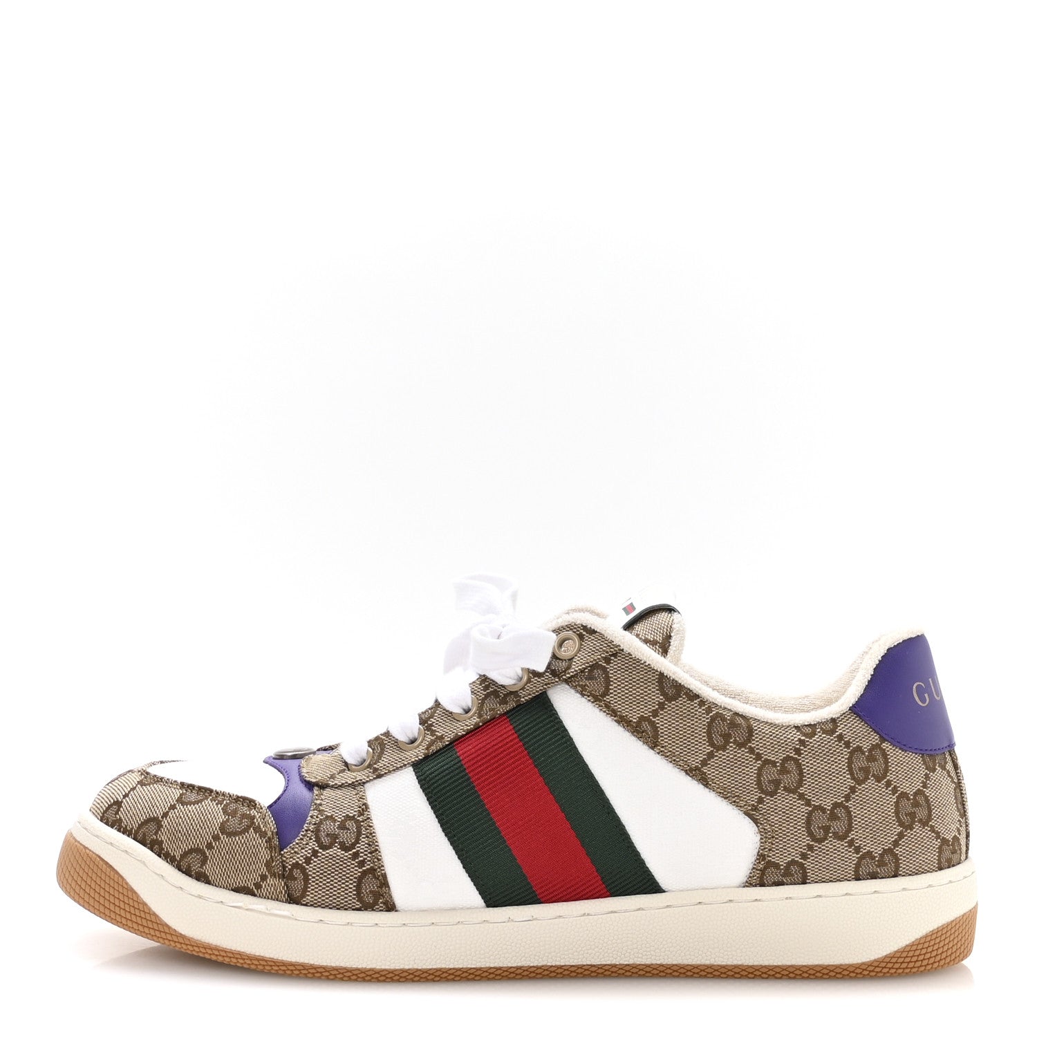 GG Supereme Monogram Calfskin Web Mens Screener Sneakers 10 Beige Ebony White Shine Purple