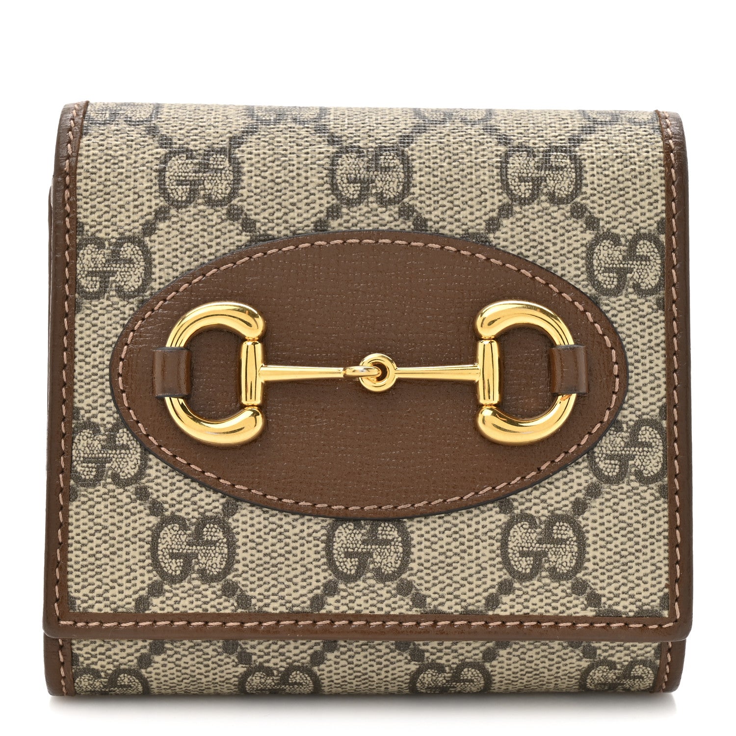 GG Supreme Monogram Azalea Calfskin Horsebit 1955 Flap Card Case Wallet Beige Ebony Brown Sugar