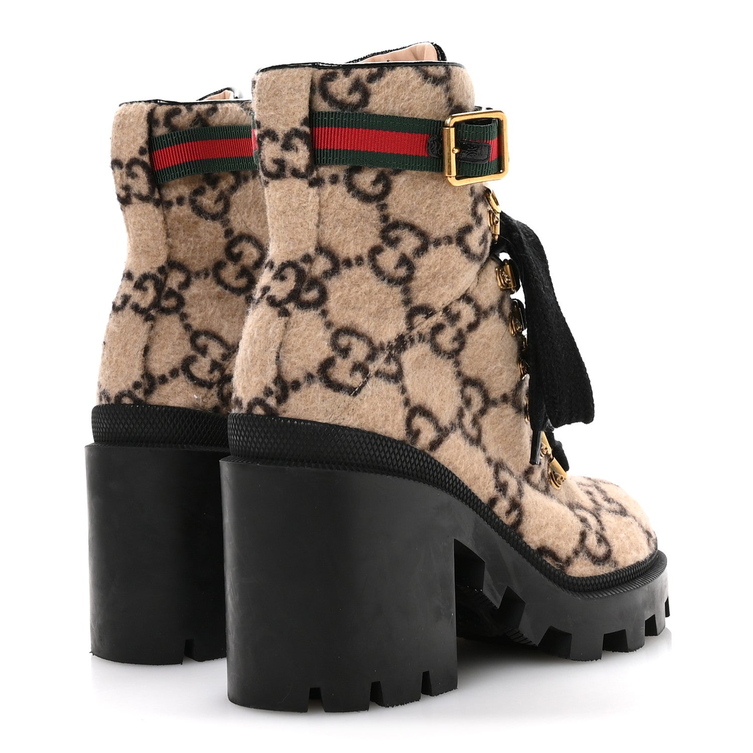 Covered Wool GG Monogram Womens Lace Up Combat Ankle Boots 35 Beige Ebony Black