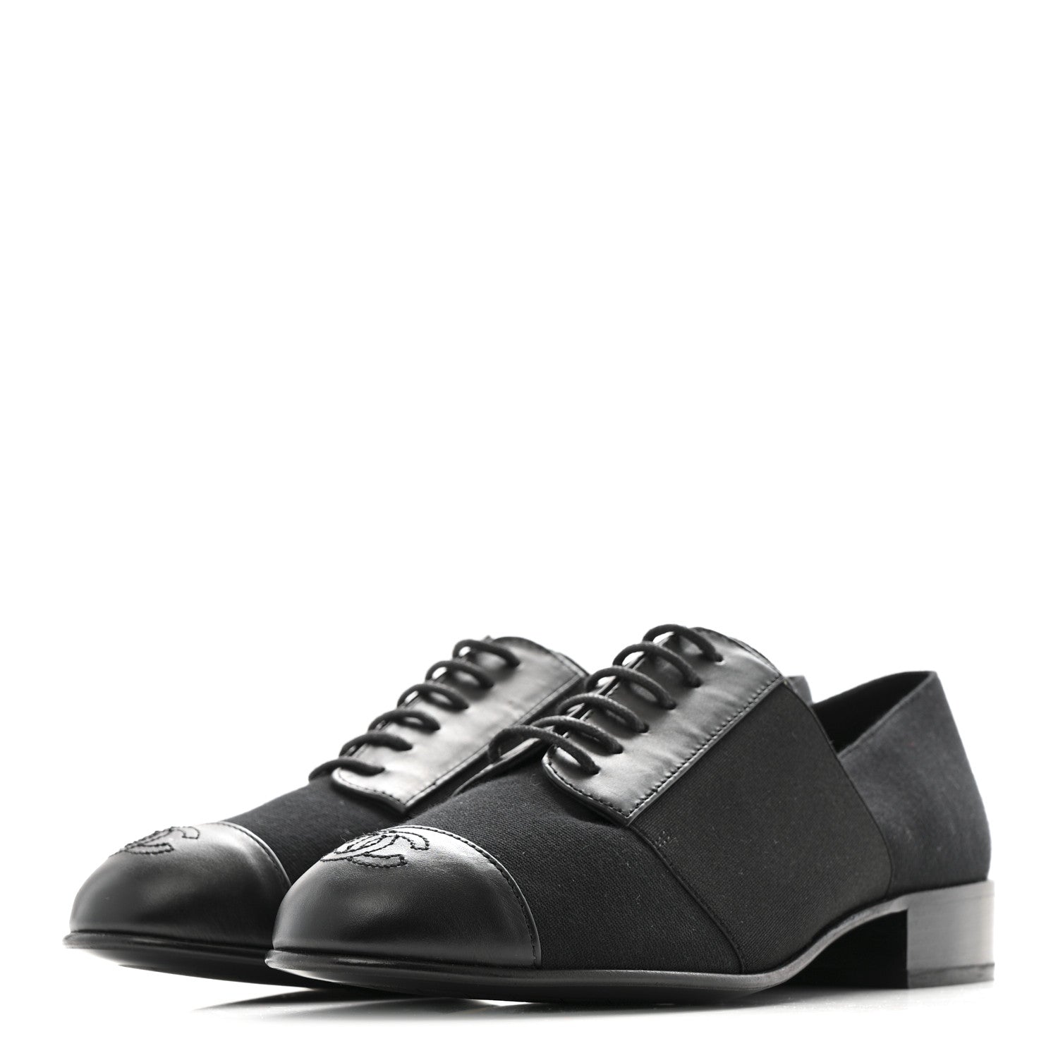 Calfskin Elastic Lace Up Cap Toe CC Loafers 37 Black